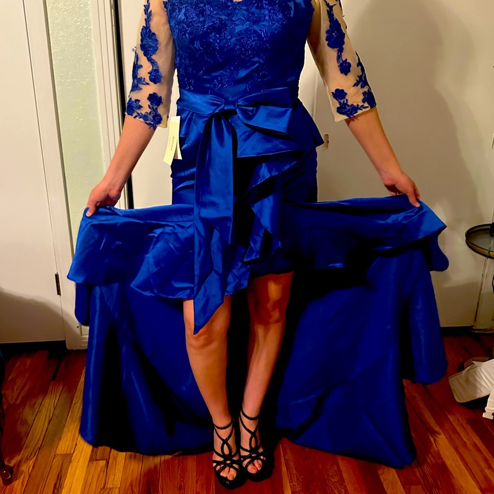 Deep Royal Blue, high low formal. Sz 8, Beige bodice. Mid arm sleeve.